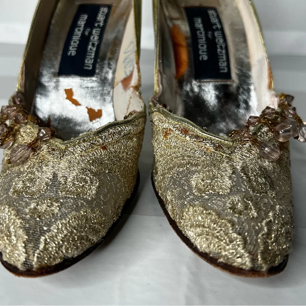 Vintage Stuart Weitzman For Martinique Leather Gold Pumps Bejeweled Size 7